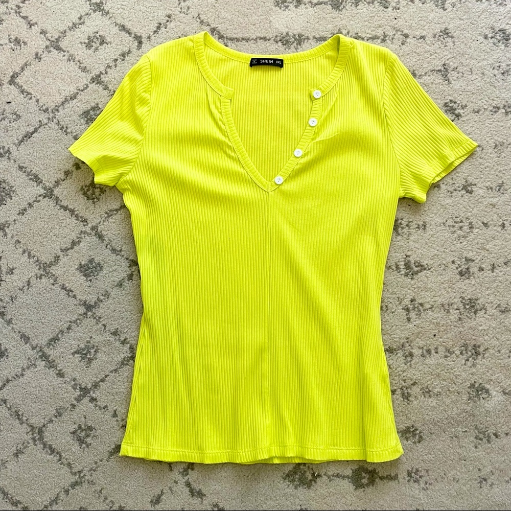 Highlighter Green Ribbed V Neck Short Sleeve Shirt